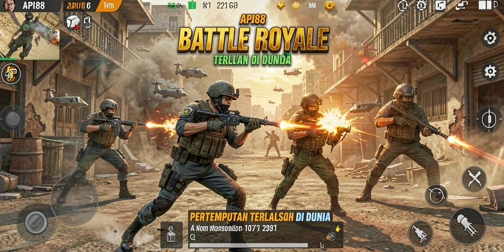 Tangkapan layar utama API88 menunjukkan aksi seru dalam pertempuran Battle Royale.