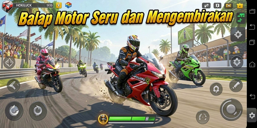 Screenshot dari gameplay HOKILUCK yang menampilkan aksi balapan motor.