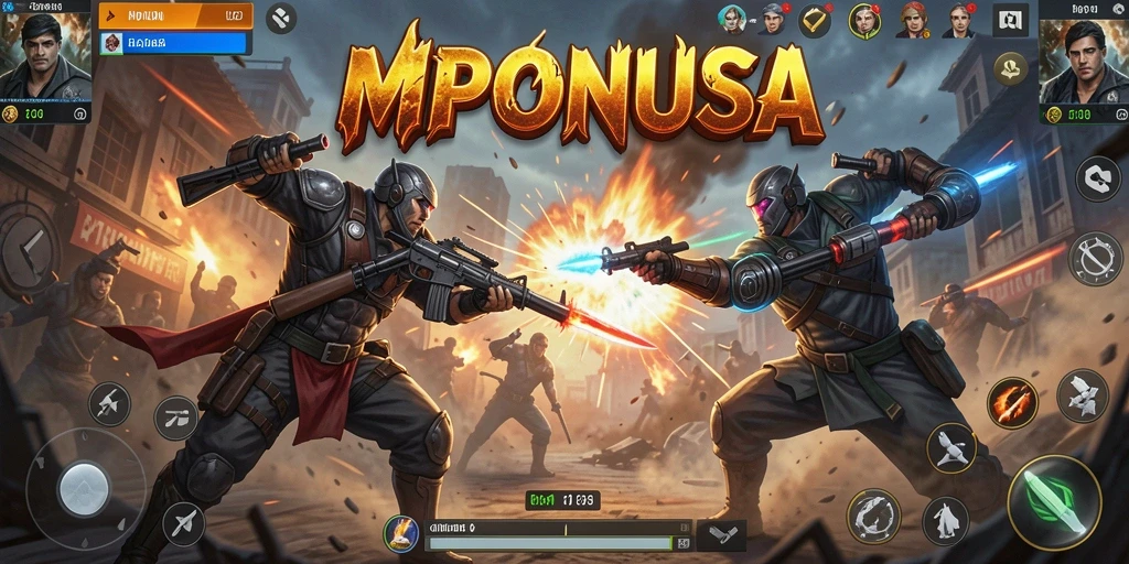 Tampilan screenshot utama MPONUSA dengan aksi pertarungan yang mendebarkan.